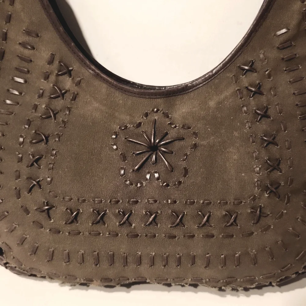RARE! Cortefiel Canvas & Leather Hobo Shoulder Bag Sage Green & Brown